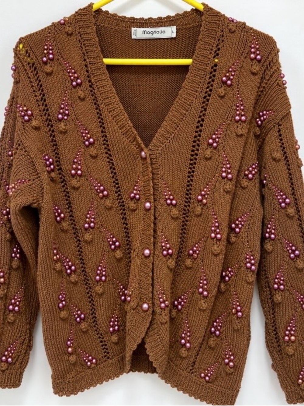 Magnolia Beaded Cardigan Sweater Brown Mauve Pearl Embellished Size L
M)HongKong